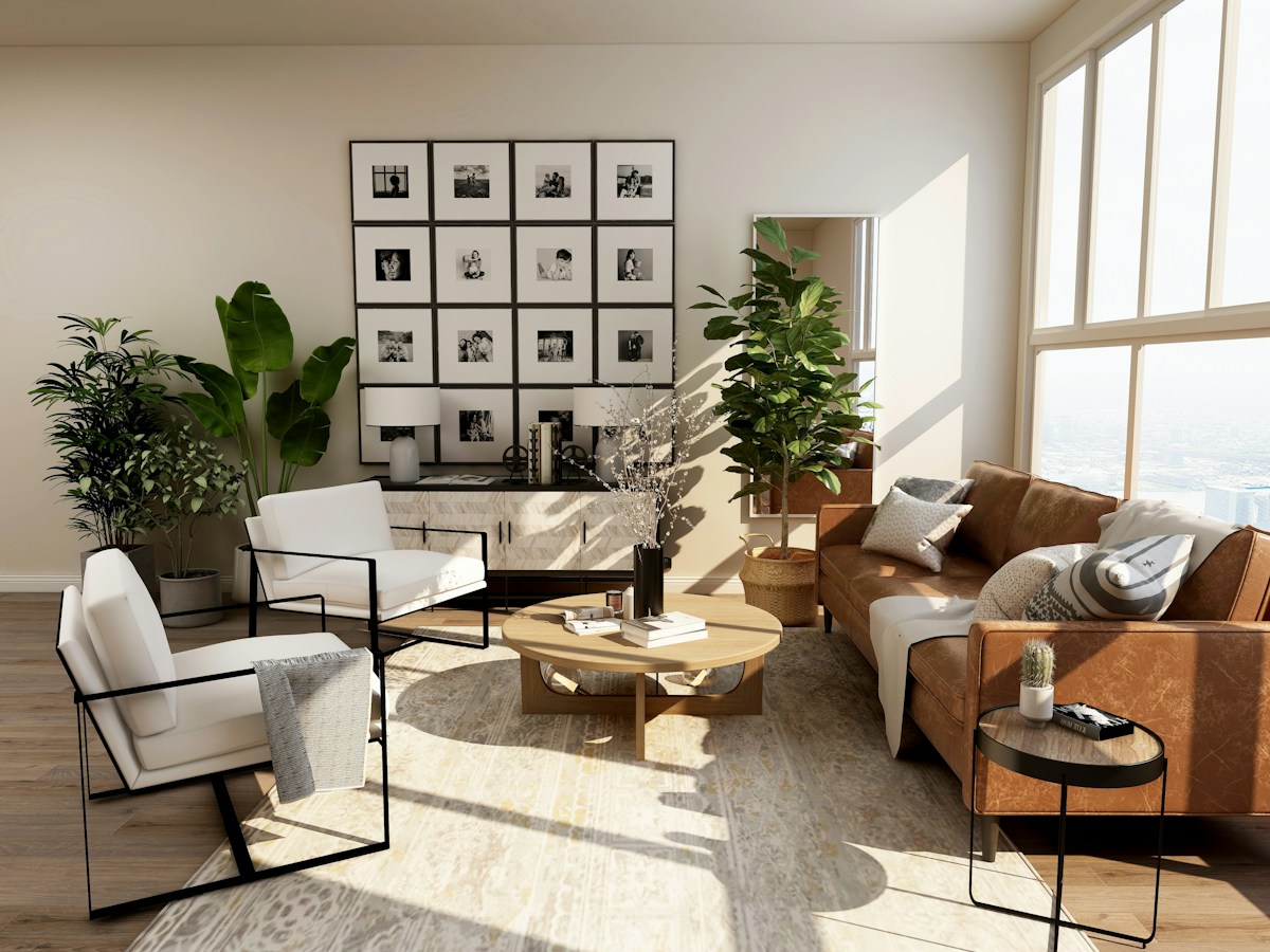 Sunlit living room with comfortable seating and plants